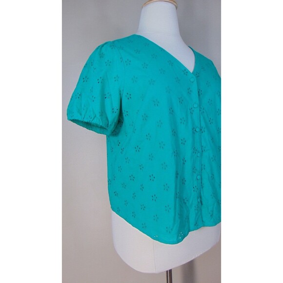 J Crew Green Eyelet Button Top Womens Plus Size XXL Short Sleeve Lined 2XL BQ034 - Picture 3 of 9